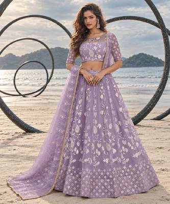 LAVENDER NET THREAD WITH ZARI AND SEQUINCE WORK FESTIVE LEHENGA CHOLI SET FOR WOMEN'S 1