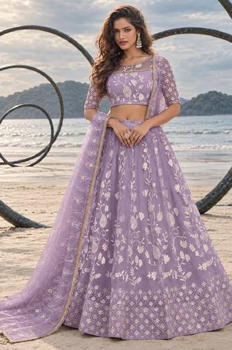 LAVENDER NET THREAD WITH ZARI AND SEQUIN WORK FESTIVE LEHENGA CHOLI