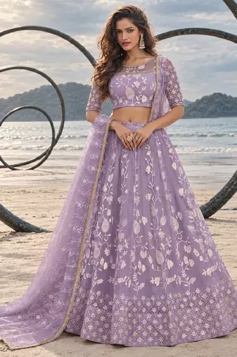 LAVENDER NET THREAD WITH ZARI AND SEQUINCE WORK FESTIVE LEHENGA CHOLI SET FOR WOMEN'S