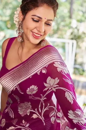 Wine silk blend jacuard work festival saree with unstitched blouse piece