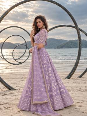 LAVENDER NET THREAD WITH ZARI AND SEQUINCE WORK FESTIVE LEHENGA CHOLI SET FOR WOMEN'S 3