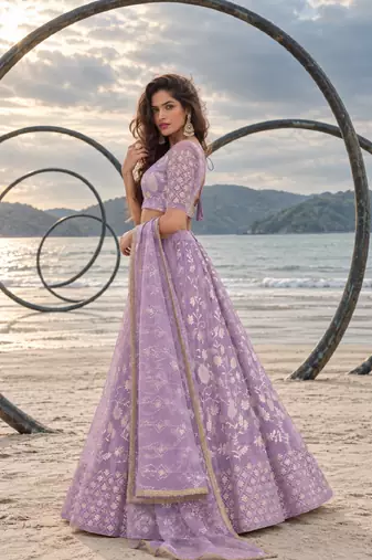 LAVENDER NET THREAD WITH ZARI AND SEQUINCE WORK FESTIVE LEHENGA CHOLI SET FOR WOMEN'S