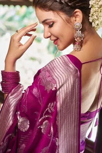 Wine silk blend jacuard work festival saree with unstitched blouse piece