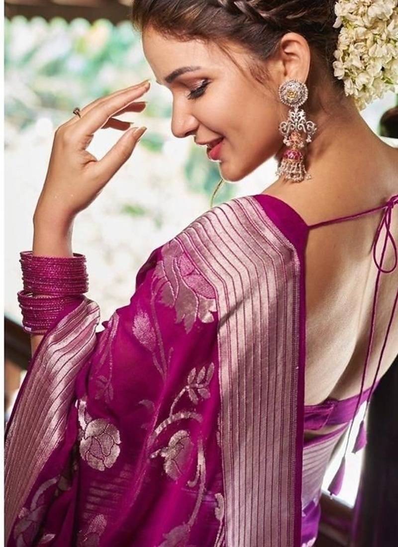 Wine silk blend jacuard work festival saree with unstitched blouse piece
