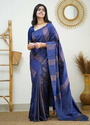 Blue silk blend jacuard work festival saree with unstitched blouse piece 1
