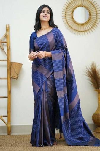 Blue silk blend jacuard work festival saree with unstitched blouse piece