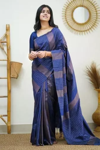 Blue silk blend jacuard work festival saree with unstitched blouse piece