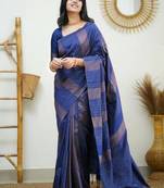 Blue silk blend jacuard work festival saree with unstitched blouse piece