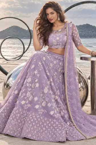 LAVENDER NET THREAD WITH ZARI AND SEQUINCE WORK FESTIVE LEHENGA CHOLI SET FOR WOMEN'S