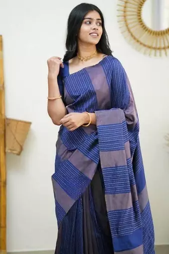 Blue silk blend jacuard work festival saree with unstitched blouse piece