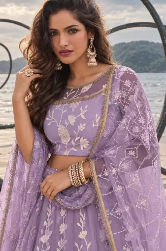 LAVENDER NET THREAD WITH ZARI AND SEQUINCE WORK FESTIVE LEHENGA CHOLI SET FOR WOMEN'S