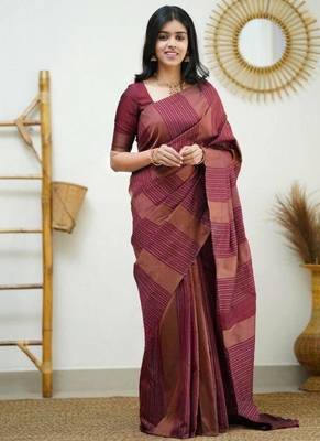 Maroon silk blend jacuard work festival saree with unstitched blouse piece 1