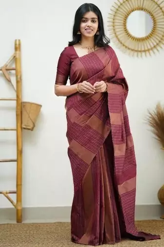 Maroon silk blend jacuard work festival saree with unstitched blouse piece