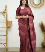 Maroon silk blend jacuard work festival saree with unstitched blouse piece