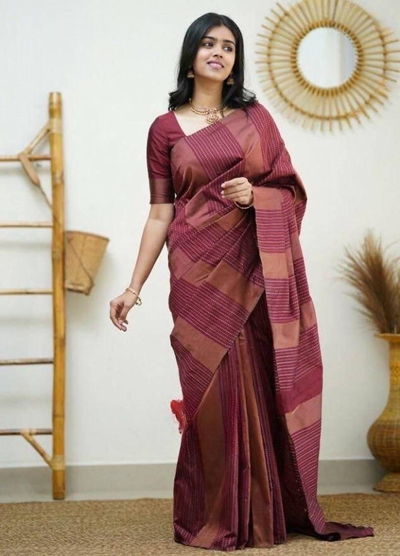 Maroon silk blend jacuard work festival saree with unstitched blouse piece
