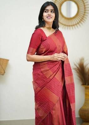 Red silk blend jacuard work festival saree with unstitched blouse piece 1