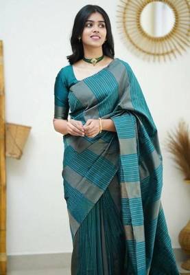 Sea green silk blend jacuard work festival saree with unstitched blouse piece 1