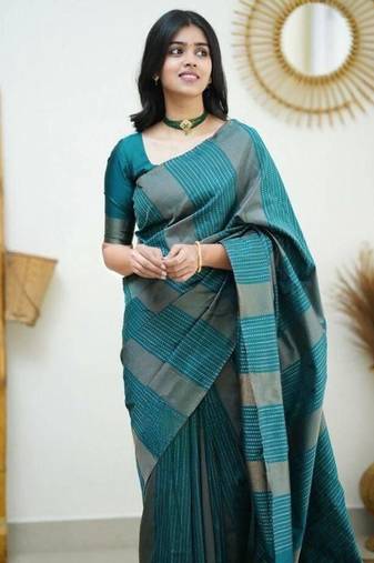 Sea green silk blend jacuard work festival saree with unstitched blouse piece