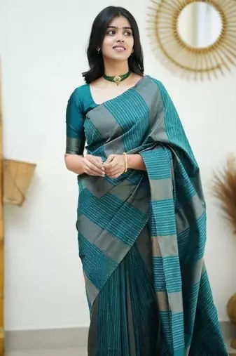 Sea green silk blend jacuard work festival saree with unstitched blouse piece