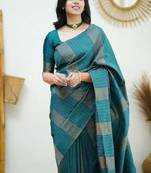 Sea green silk blend jacuard work festival saree with unstitched blouse piece