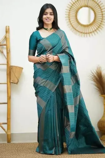 Sea green silk blend jacuard work festival saree with unstitched blouse piece