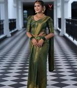 Green silk blend jacuard work festival saree with unstitched blouse piece