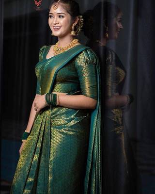 Green silk blend jacuard work festival saree with unstitched blouse piece 2