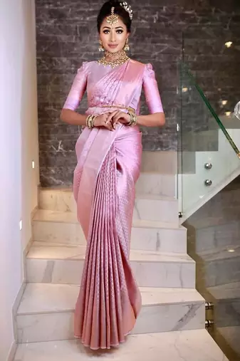 Baby pink silk blend jacuard work festival saree with unstitched blouse piece