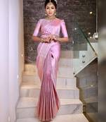 Baby pink silk blend jacuard work festival saree with unstitched blouse piece
