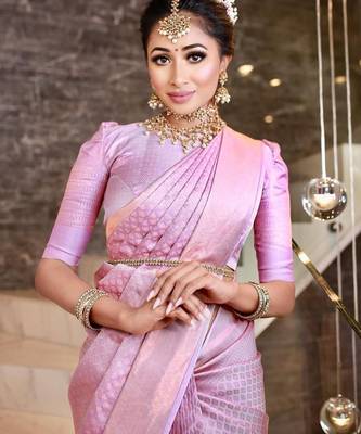 Baby pink silk blend jacuard work festival saree with unstitched blouse piece 2