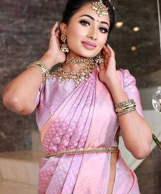 Baby pink silk blend jacuard work festival saree with unstitched blouse piece 4