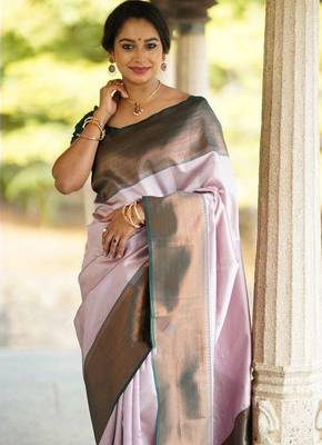 Baby pink green silk blend jacuard work festival saree with unstitched blouse piece 1