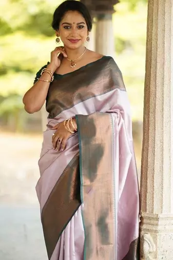 Baby pink green silk blend jacuard work festival saree with unstitched blouse piece