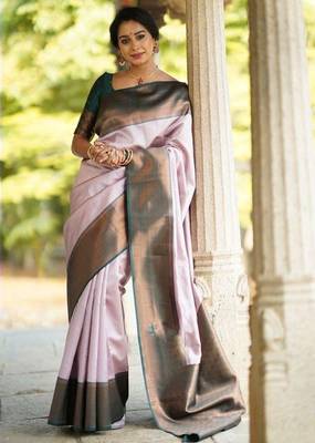 Baby pink green silk blend jacuard work festival saree with unstitched blouse piece 2