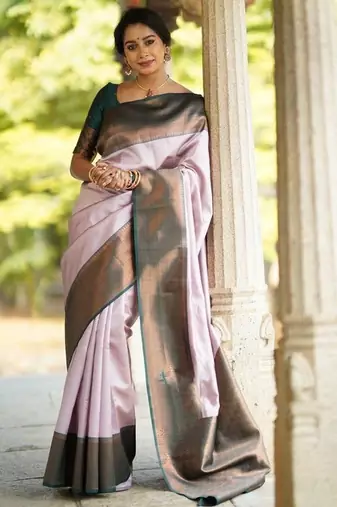 Baby pink green silk blend jacuard work festival saree with unstitched blouse piece