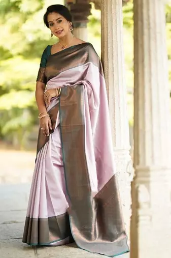 Baby pink green silk blend jacuard work festival saree with unstitched blouse piece