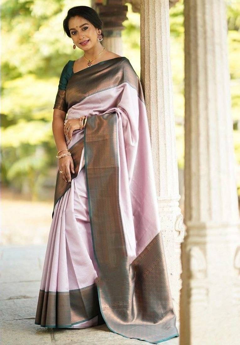 Baby pink green silk blend jacuard work festival saree with unstitched blouse piece