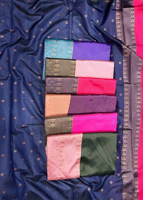 Baby pink green silk blend jacuard work festival saree with unstitched blouse piece 4