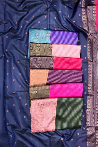 Baby pink green silk blend jacuard work festival saree with unstitched blouse piece