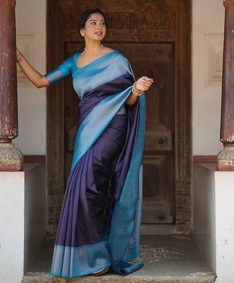 Blue sky green silk blend jacuard work festival saree with unstitched blouse piece 1