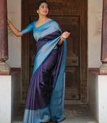 Blue sky green silk blend jacuard work festival saree with unstitched blouse piece