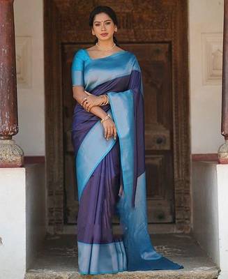 Blue sky green silk blend jacuard work festival saree with unstitched blouse piece 2
