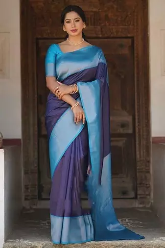 Blue sky green silk blend jacuard work festival saree with unstitched blouse piece