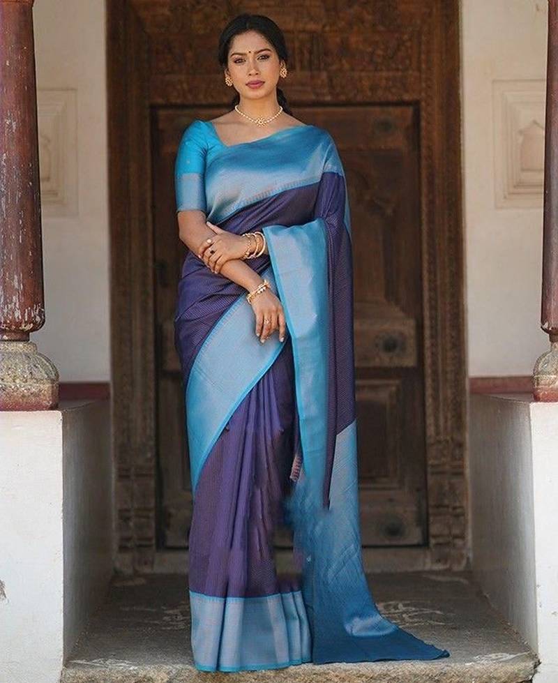 Blue sky green silk blend jacuard work festival saree with unstitched blouse piece