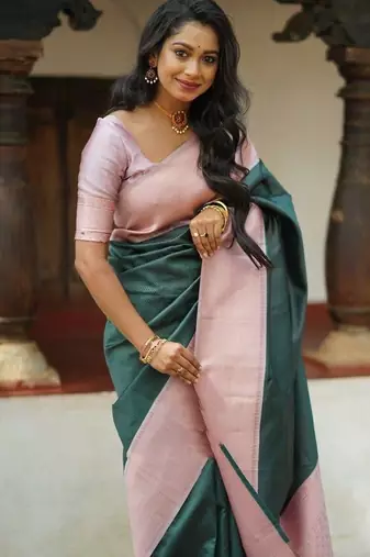 Baby pink green silk blend jacuard work festival saree with unstitched blouse piece