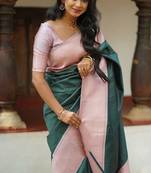 Baby pink green silk blend jacuard work festival saree with unstitched blouse piece