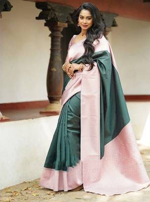 Baby pink green silk blend jacuard work festival saree with unstitched blouse piece 2