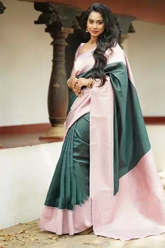 Baby pink green silk blend jacuard work festival saree with unstitched blouse piece