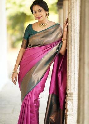 Green onion silk blend jacuard work festival saree with unstitched blouse piece 1