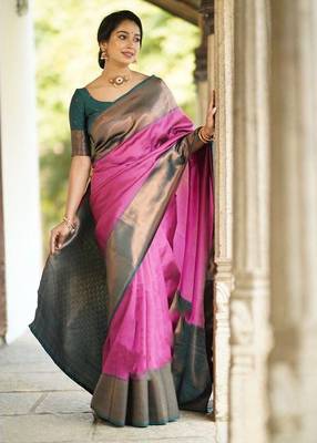 Green onion silk blend jacuard work festival saree with unstitched blouse piece 2